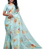 Blue printed pure chiffon saree with blouse
