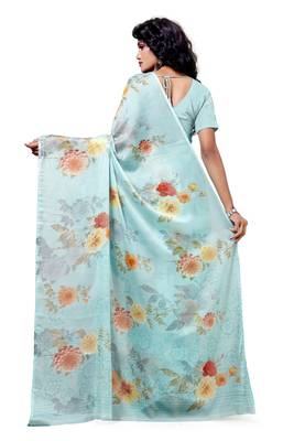 Blue printed pure chiffon saree with blouse 2