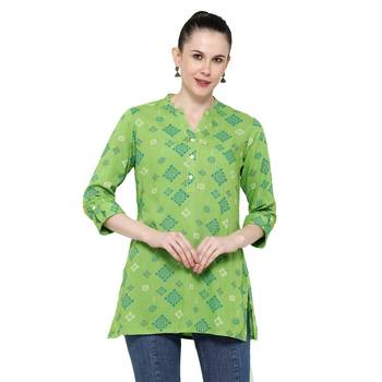 Parrot-green printed rayon short-kurtis 1