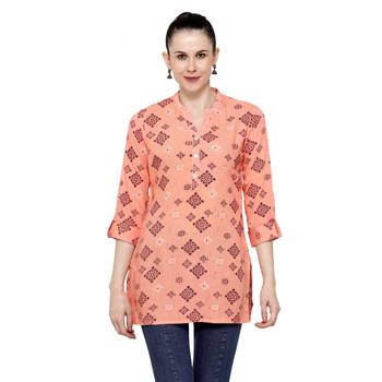 Light-orange printed rayon short-kurtis 1