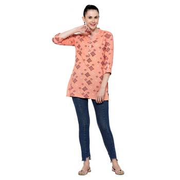 Light-orange printed rayon short-kurtis 3