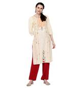 Off-white printed cotton ethnic-kurtis