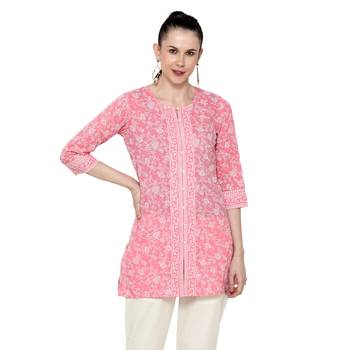 Pink printed cotton short-kurtis 1