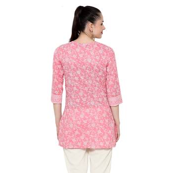 Pink printed cotton short-kurtis 2