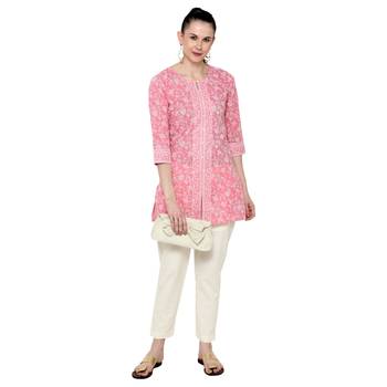 Pink printed cotton short-kurtis 3