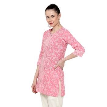 Pink printed cotton short-kurtis 4