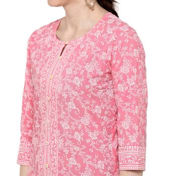 Pink printed cotton short-kurtis 5