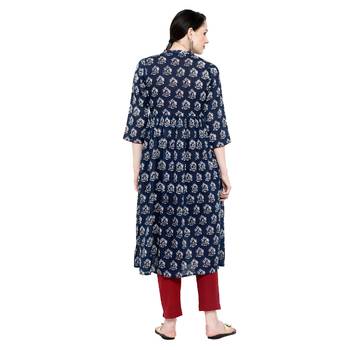 Blue printed cotton long-kurtis 4
