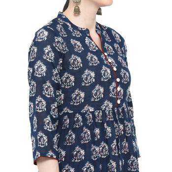 Blue printed cotton long-kurtis 5