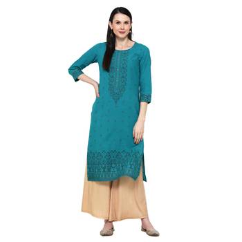 Sea-green printed cotton ethnic-kurtis 1