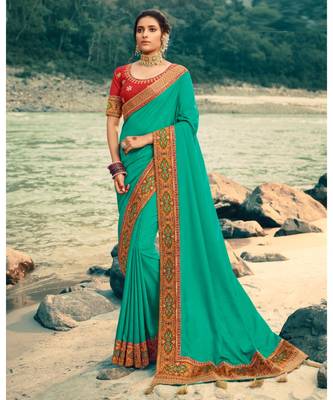 Persian Green Embroidered Silk Saree with Blouse 1