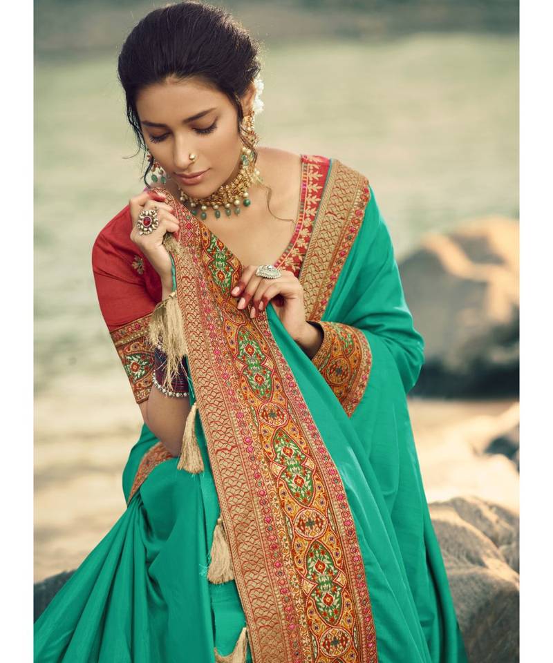 Persian Green Embroidered Silk Saree with Blouse