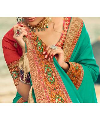 Persian Green Embroidered Silk Saree with Blouse 3