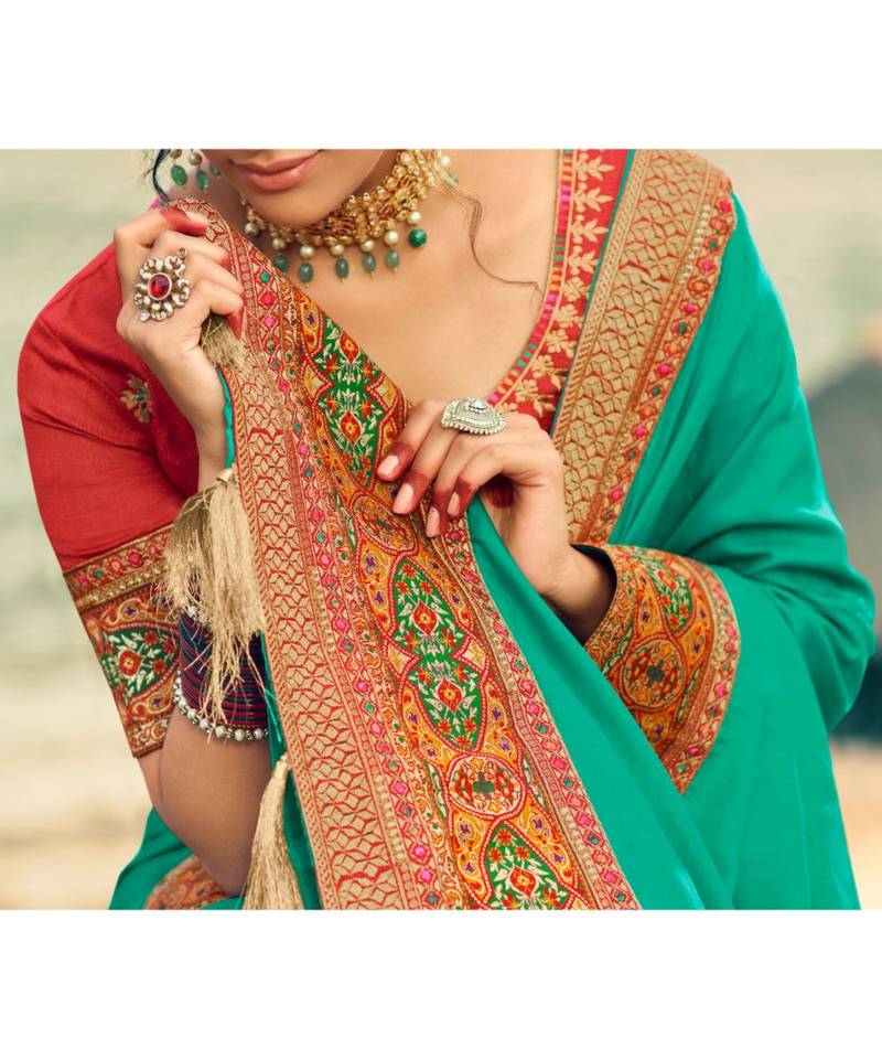 Persian Green Embroidered Silk Saree with Blouse
