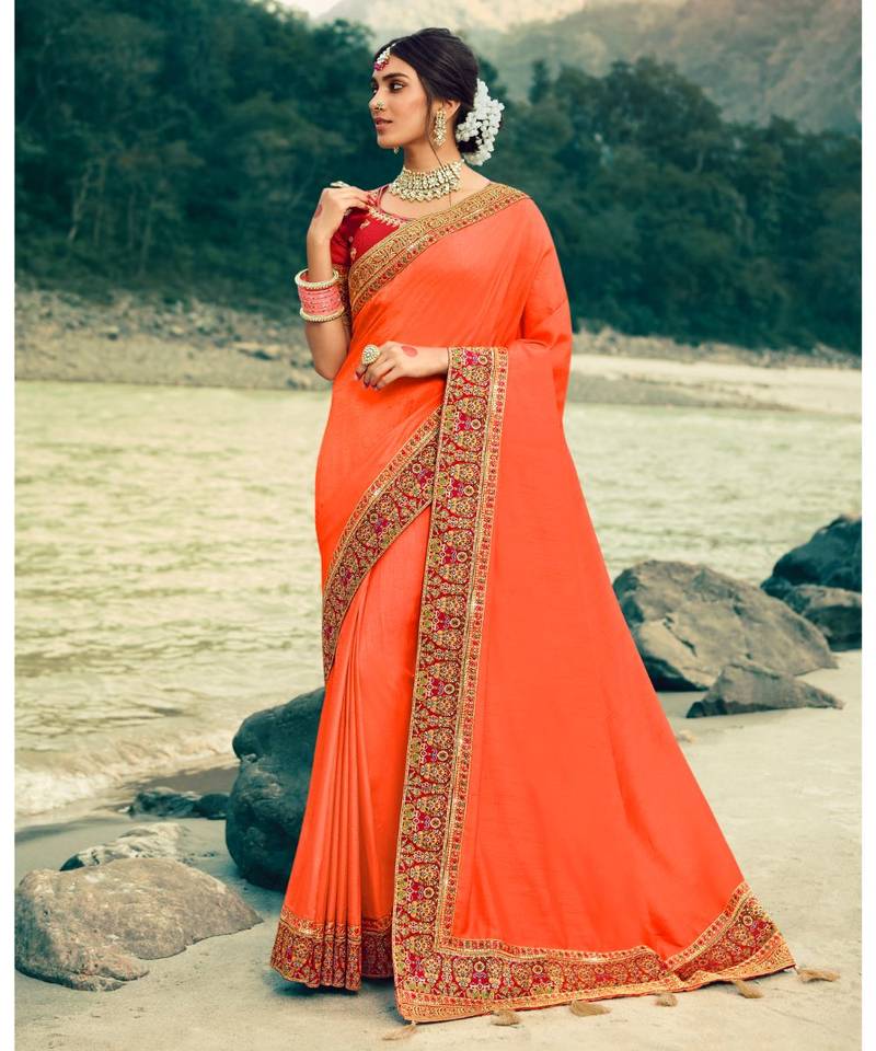Tomato Red Embroidered Silk Saree with Blouse