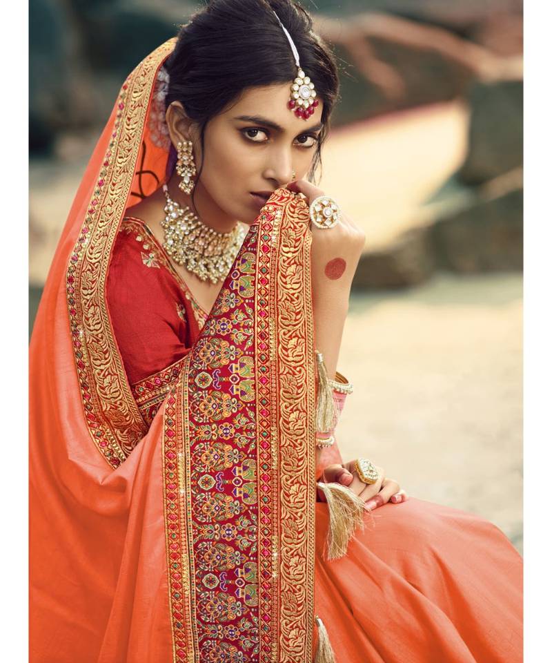 Tomato Red Embroidered Silk Saree with Blouse