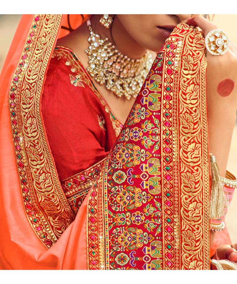 Tomato Red Embroidered Silk Saree with Blouse