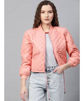 Peach Drawstring Quilted Bomber Jacket 1