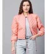 Peach Drawstring Quilted Bomber Jacket