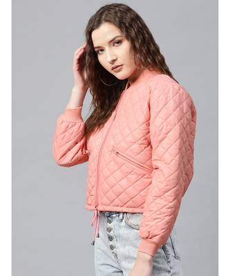 Peach Drawstring Quilted Bomber Jacket 2