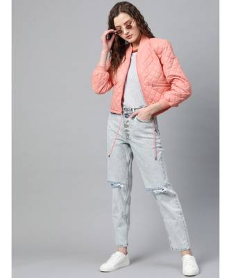 Peach Drawstring Quilted Bomber Jacket 4