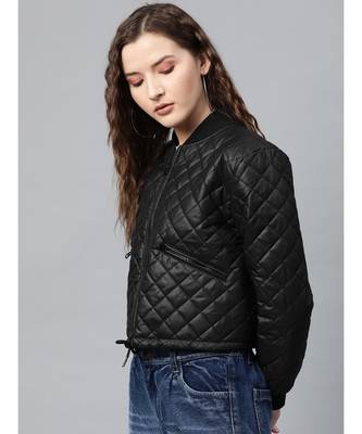 Black Drawstring Quilted Bomber Jacket 2