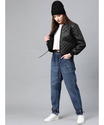 Black Drawstring Quilted Bomber Jacket 4