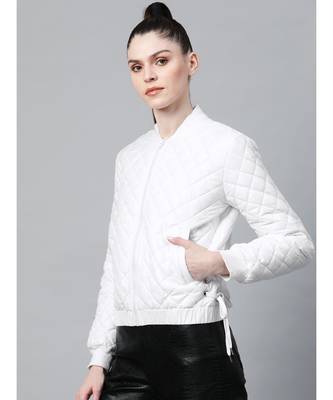 White Tie-Up Detail Quilted Bomber Jacket 2