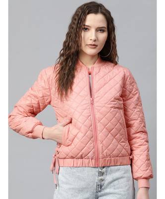 Peach Tie-Up Detail Quilted Bomber Jacket 1