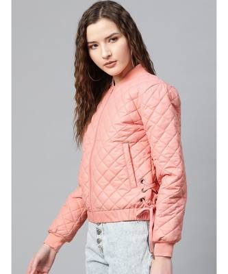 Peach Tie-Up Detail Quilted Bomber Jacket 2