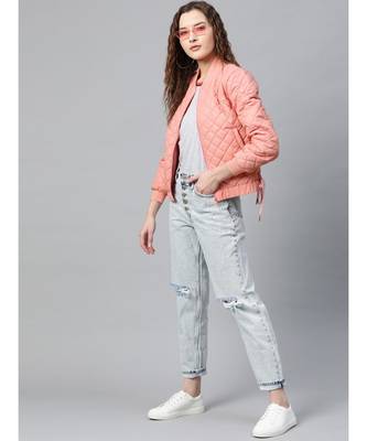 Peach Tie-Up Detail Quilted Bomber Jacket 4