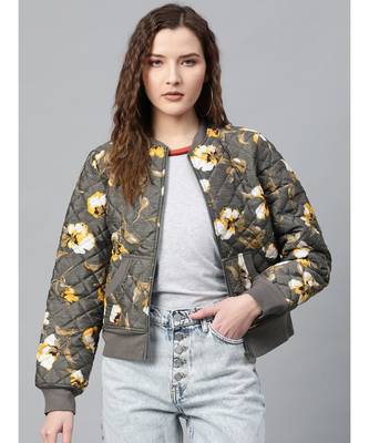 Grey Floral Polysilk Bomber Jacket 1