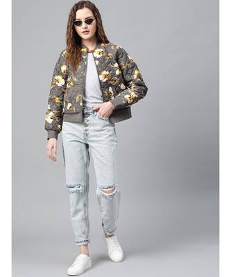 Grey Floral Polysilk Bomber Jacket 4