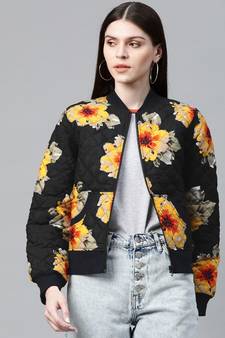 Black Floral Polysilk Bomber Jacket