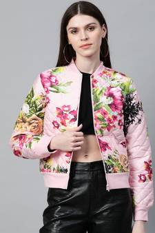 Pink Floral Polysilk Bomber Jacket
