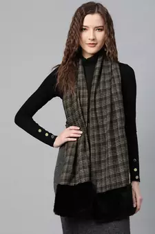 Brown Check Faux Fur Border Stole