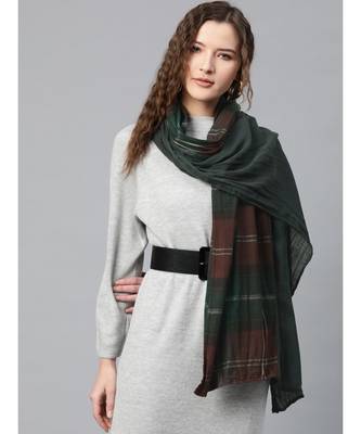 Green Half Solid Half Check Stole 1