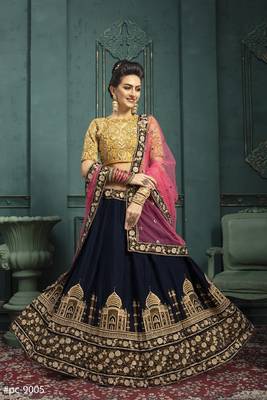Navy-blue embroidered velvet semi stitched lehenga 1