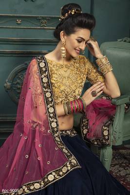 Navy-blue embroidered velvet semi stitched lehenga 2