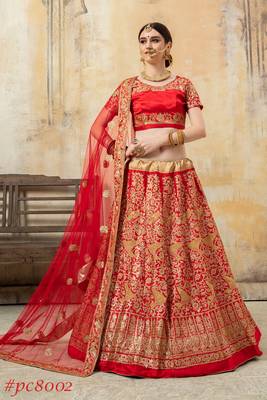Red embroidered satin semi stitched lehenga 1