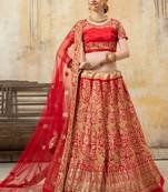 Red embroidered satin semi stitched lehenga