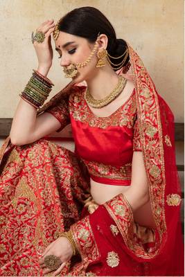 Red embroidered satin semi stitched lehenga 2