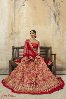 Red embroidered satin semi stitched lehenga 3