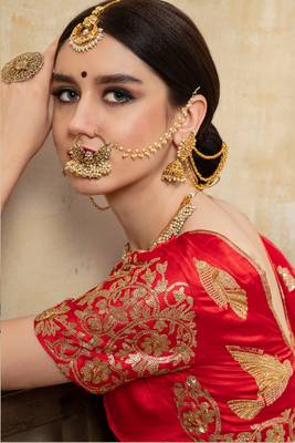 Red embroidered satin semi stitched lehenga 4