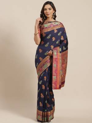 Navy Blue Woven Banarasi silk blend Saree With Blouse 1