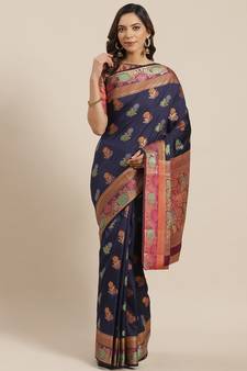 Navy Blue Woven Banarasi Silk Saree With Blouse