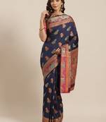 Navy Blue Woven Banarasi Silk Saree With Blouse