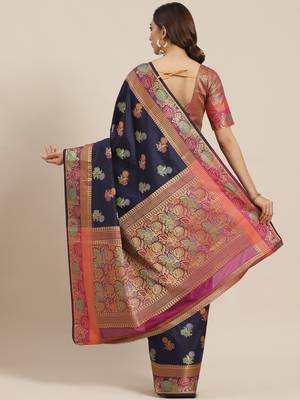 Navy Blue Woven Banarasi silk blend Saree With Blouse 2