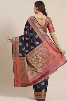Navy Blue Woven Banarasi silk blend Saree With Blouse