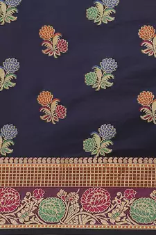 Navy Blue Woven Banarasi silk blend Saree With Blouse